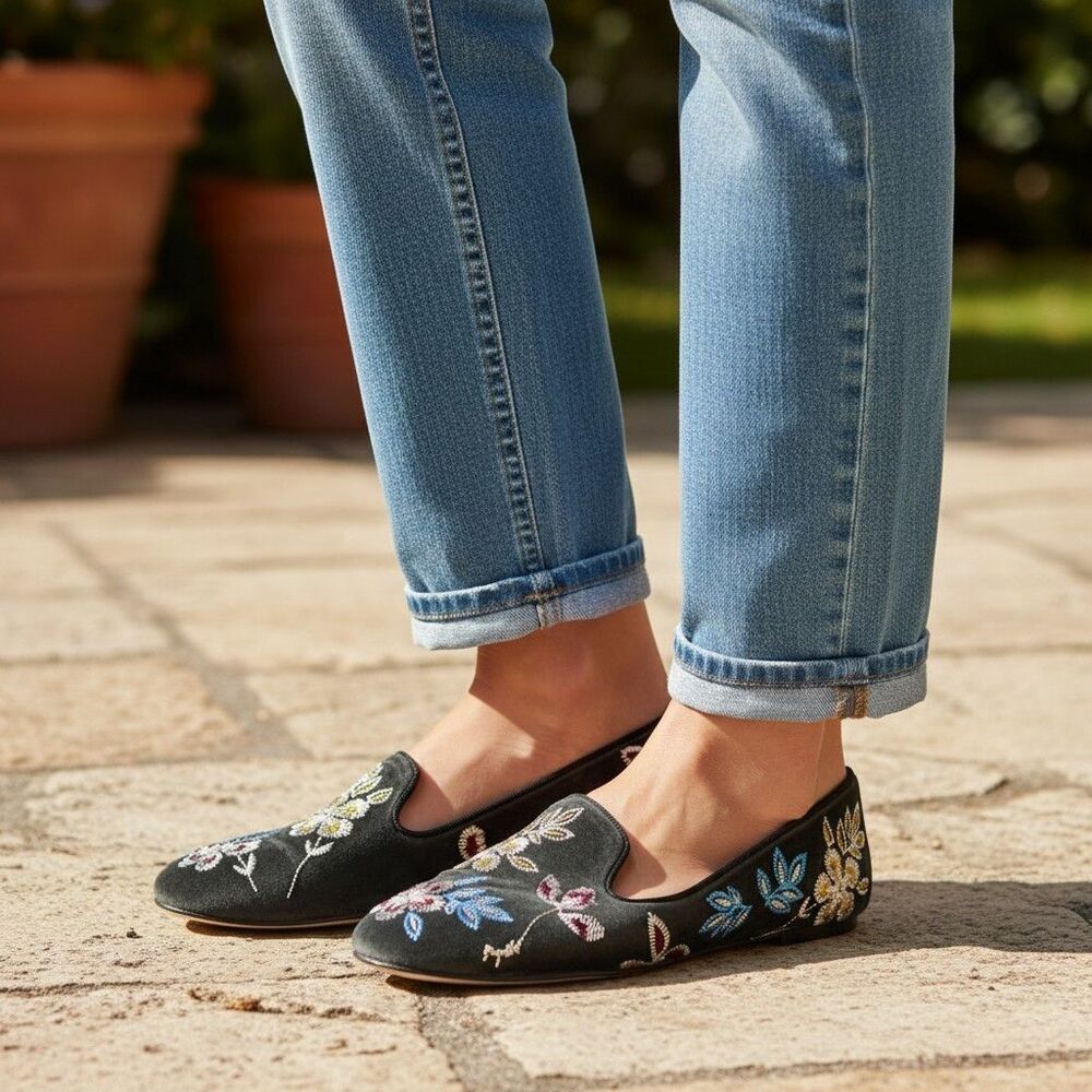 Tory Burch Black Floral Embroidered Smoking Slippers Flat Shoe Loafer Leather 9